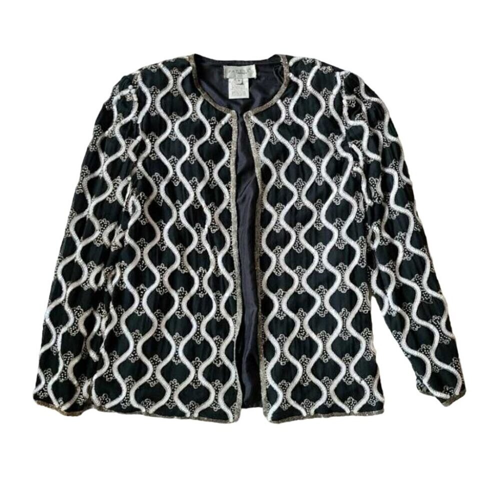 Adrianna Papell Boutique Sequined Embellished Evening Jacket Black 100% Silk Vin
